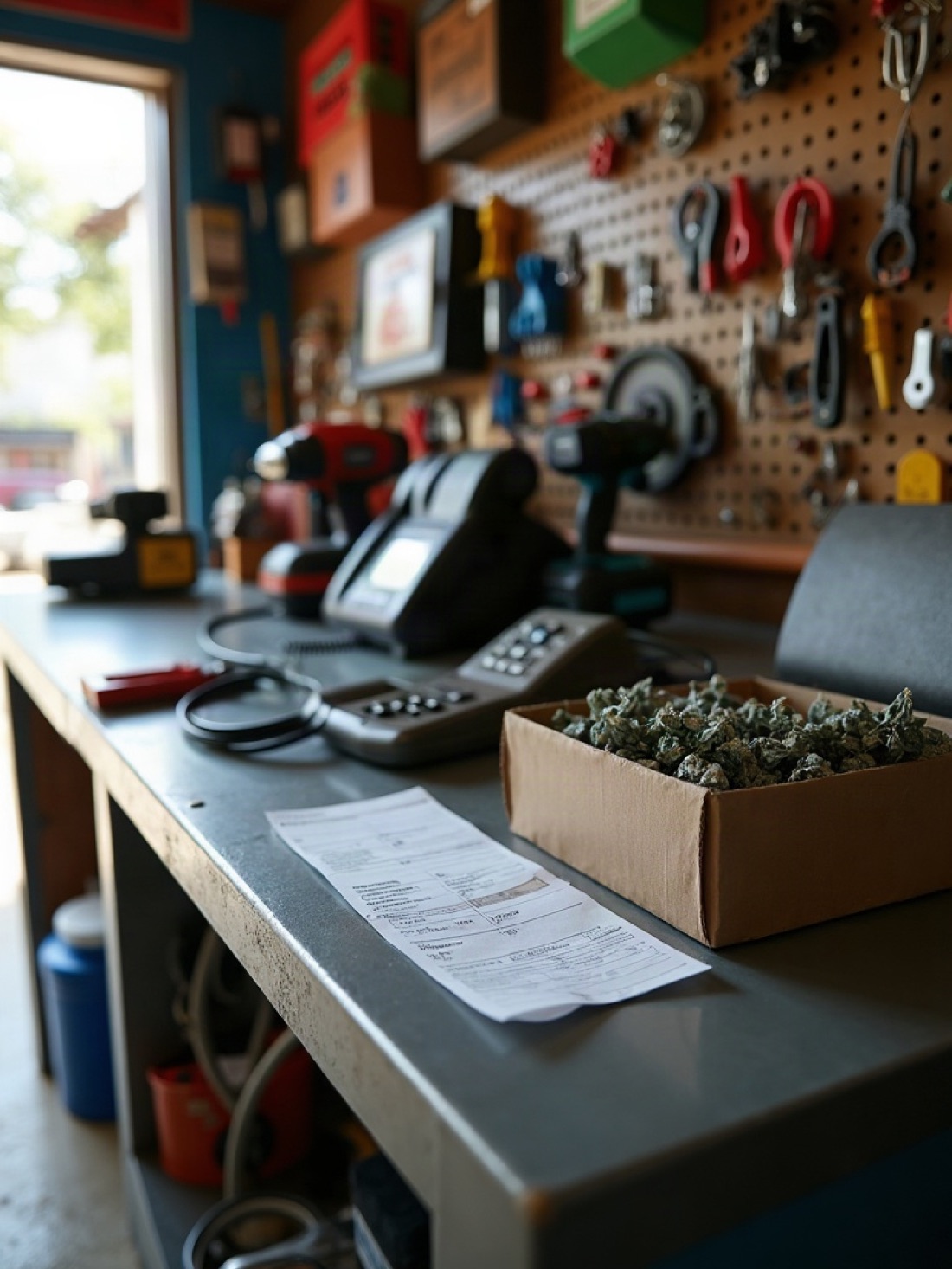 Trade counter with telephone cable, jacks, and a job ticket