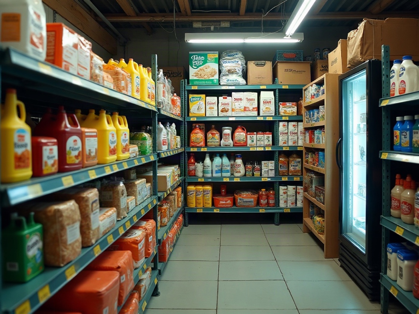 Grocery and household-goods aisle beside electrical supplies