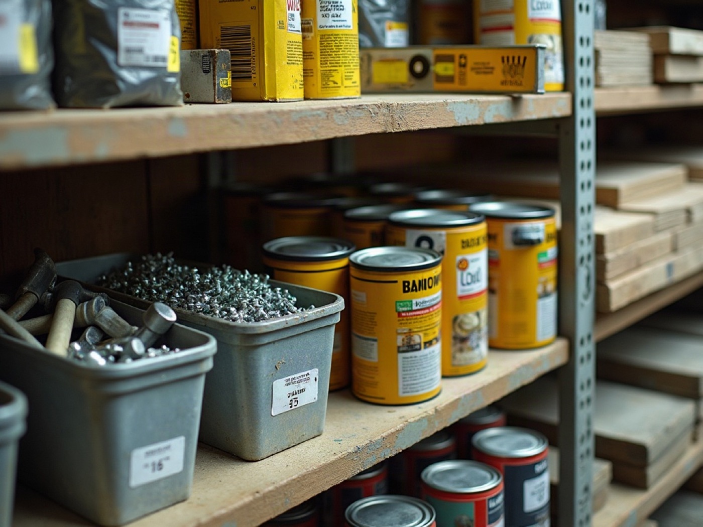 Hardware aisle with fasteners, tools, paint, and lumber