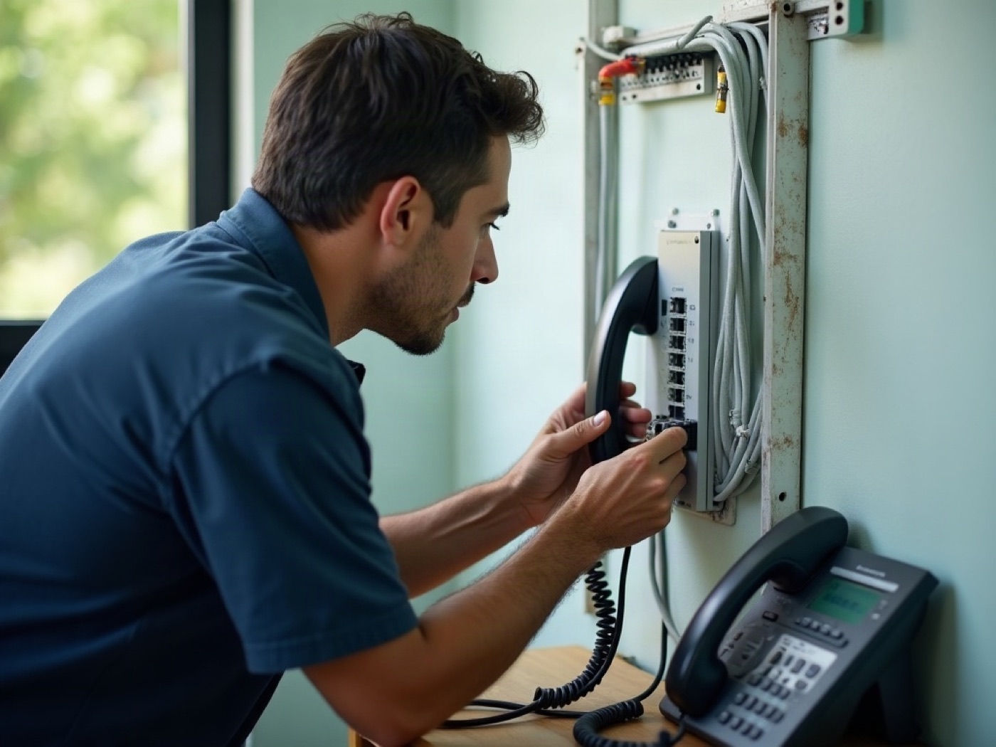Installer dressing telephone cable into wall trunking beside a patch panel